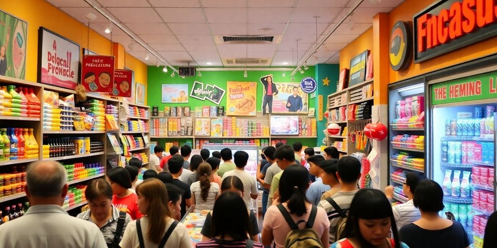 Busy franchise store with colorful products and happy customers.