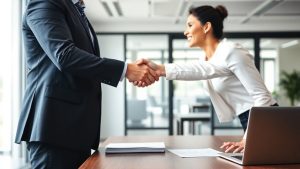 Două persoane dau mâna la birou, mediul de afaceri.
