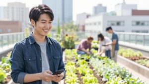 Grădină urbană pe acoperiș cu legume proaspete și oameni.